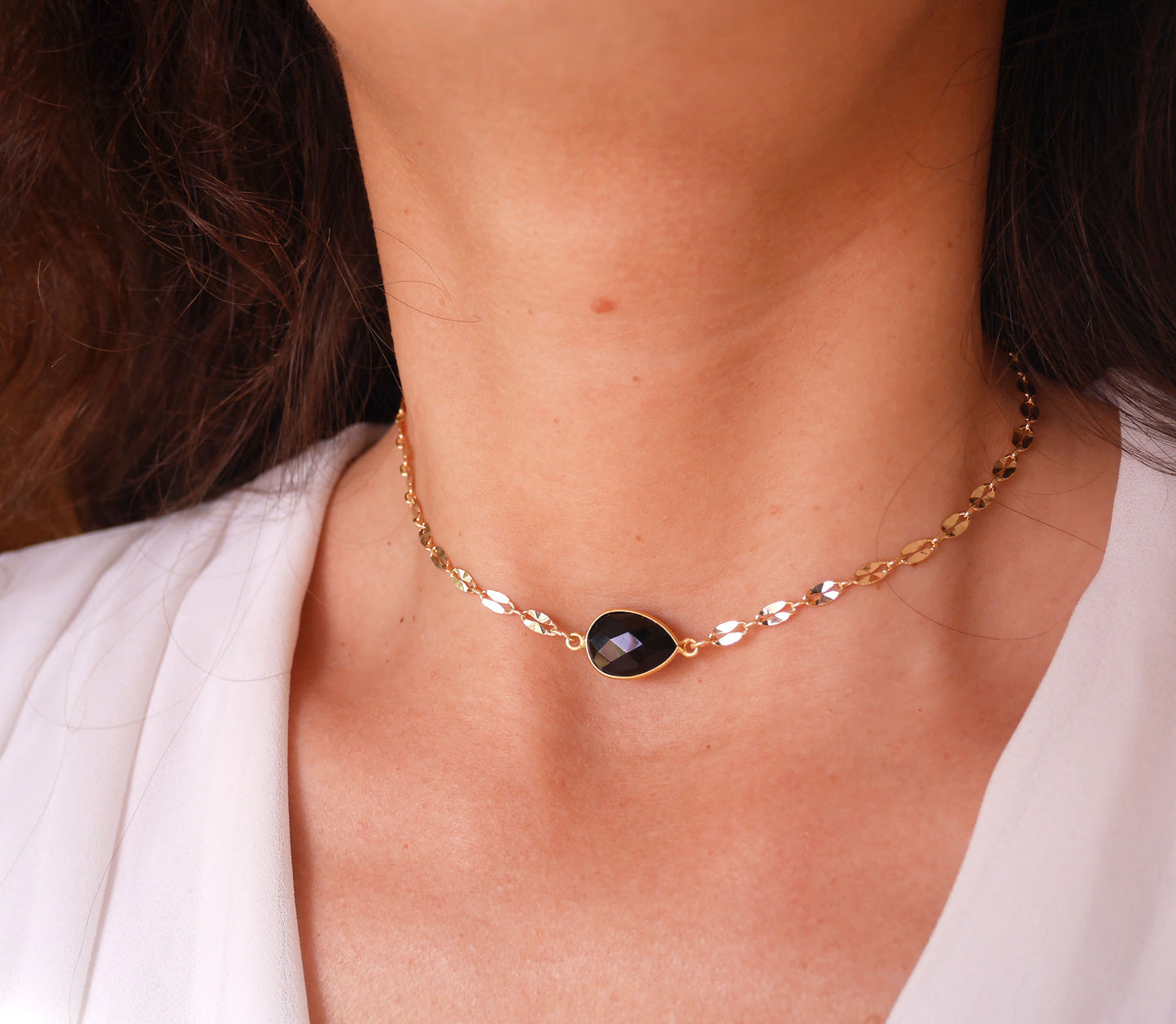 Ras du cou Athena - Chocker - Goutte - Pierre Onyx Noir - Plaqué Or