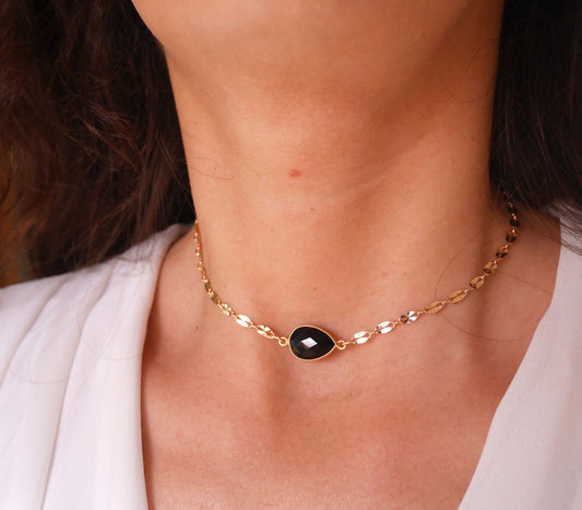 Ras du cou Athena - Chocker - Goutte - Pierre Onyx Noir - Plaqué Or