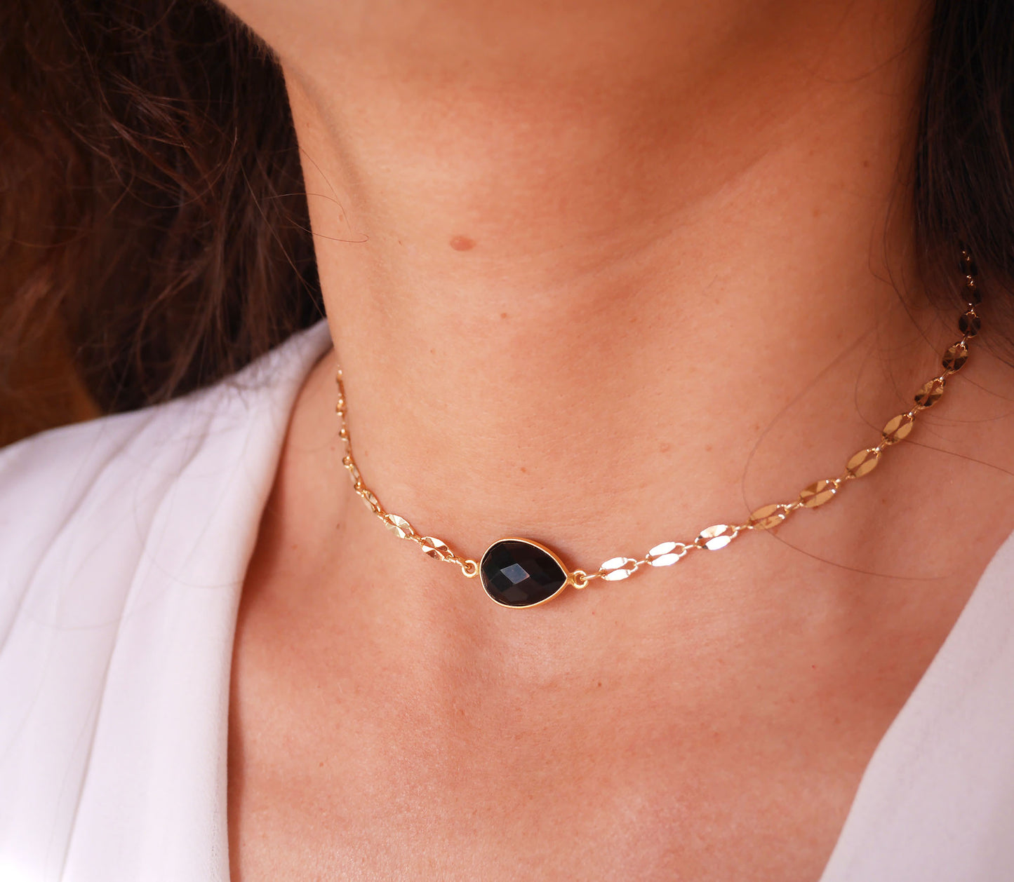 Ras du cou Athena - Chocker - Goutte - Pierre Onyx Noir - Plaqué Or