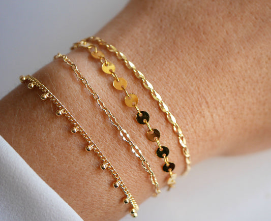 Lot de 4 Bracelets fin - Plaqué or - Gourmette fine - Doré  - Chaine boules - Chaîne cercles - Minimaliste - Empilable - Tous les jours