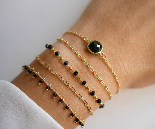 Lot 4 Bracelets fin empilable - Multi rangs - Pierre Onyx Noir - Multi tours - Plaqué Or