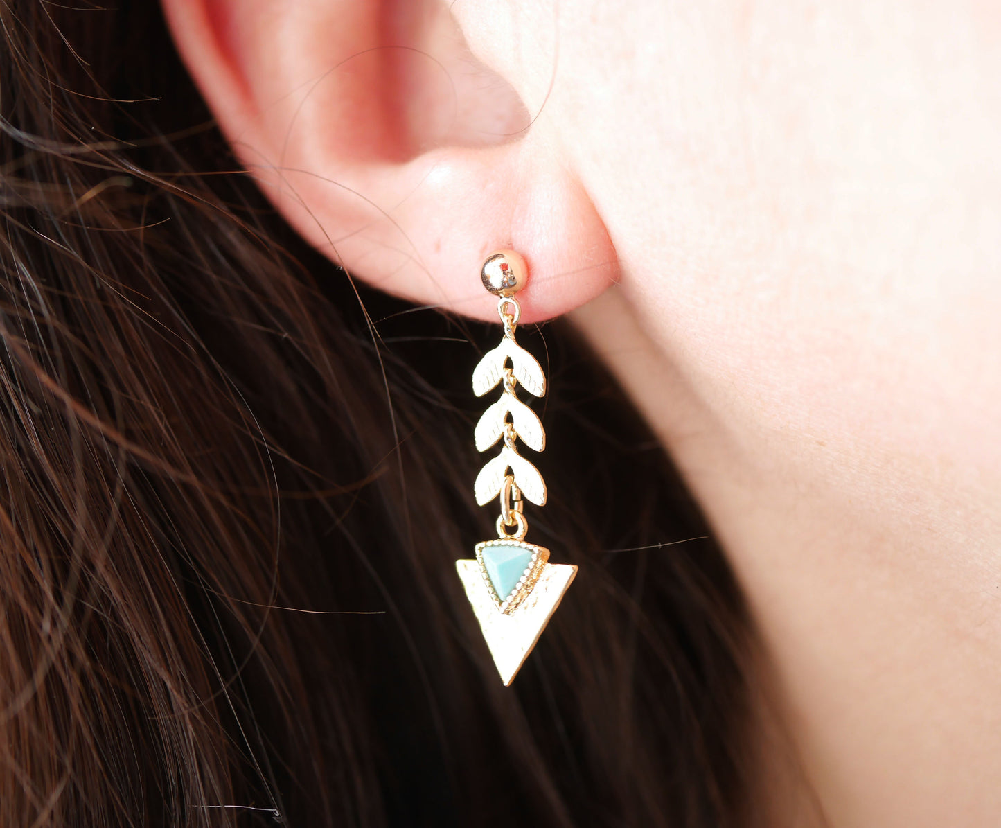 Boucles d'oreille Aztec - Triangle - Pierre bleu Turquoise - Chaine épis - Plaqué Or