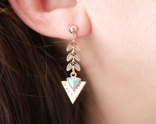 Boucles d'oreille Aztec - Triangle - Pierre bleu Turquoise - Chaine épis - Plaqué Or