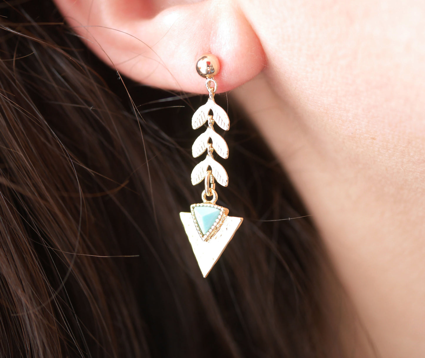 Boucles d'oreille Aztec - Triangle - Pierre bleu Turquoise - Chaine épis - Plaqué Or