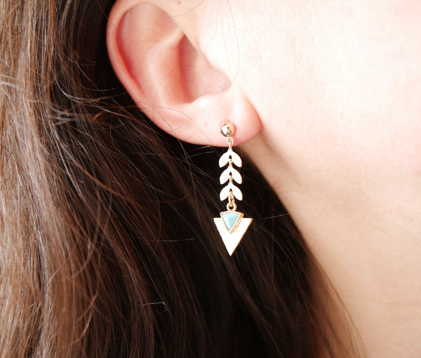 Boucles d'oreille Aztec - Triangle - Pierre bleu Turquoise - Chaine épis - Plaqué Or