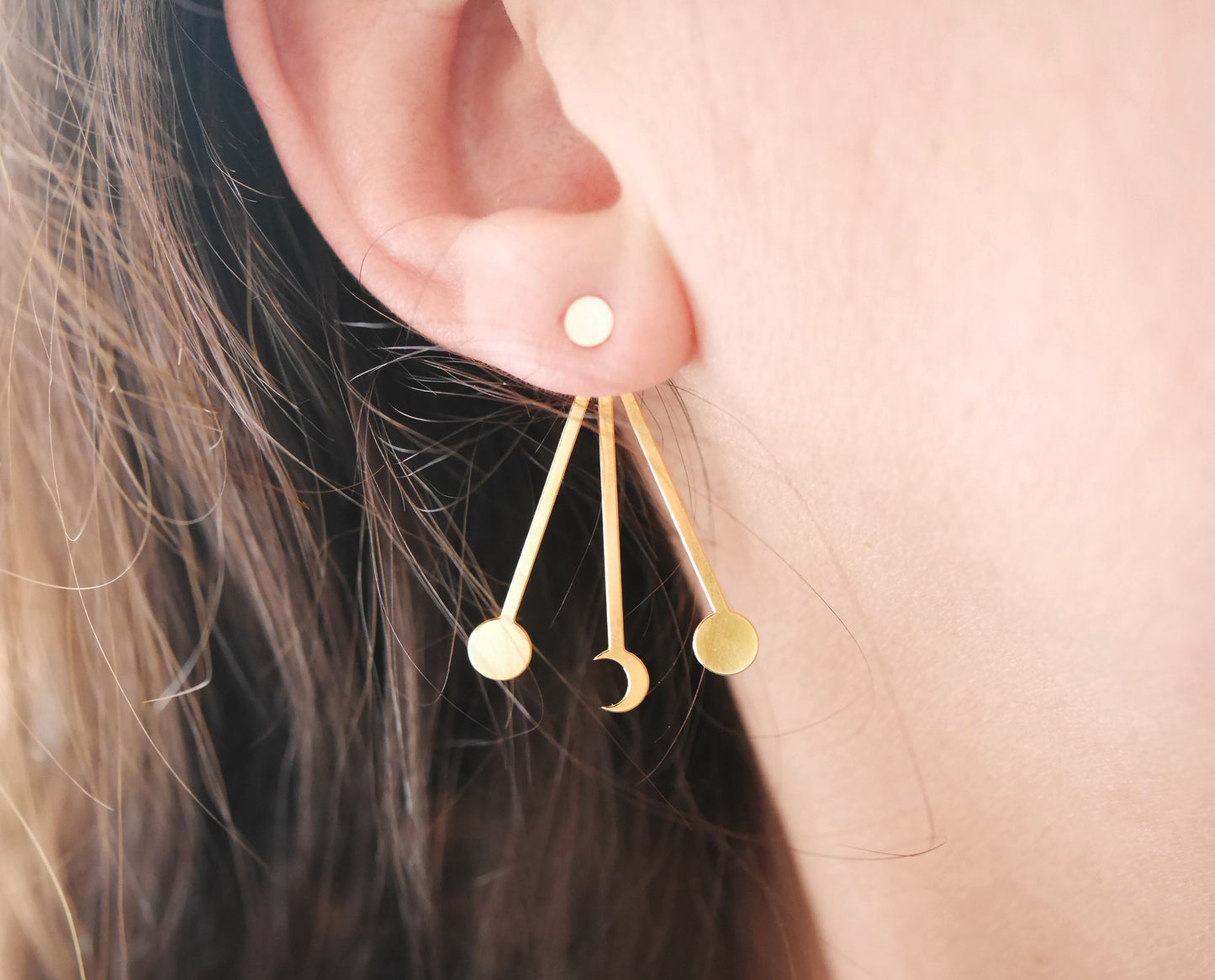 Boucles d'oreille Skye - Lune - Soleil - Galaxie - Veste d'oreille - devant-derrière - Plaqué Or