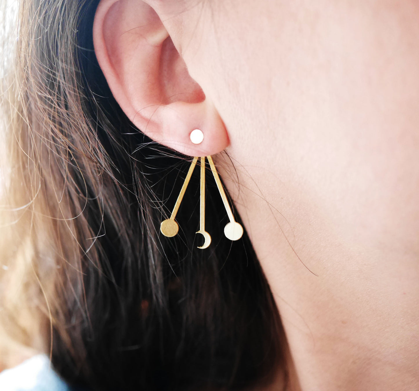 Boucles d'oreille Skye - Lune - Soleil - Galaxie - Veste d'oreille - devant-derrière - Plaqué Or