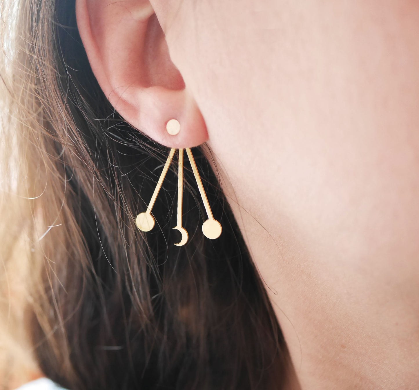 Boucles d'oreille Skye - Lune - Soleil - Galaxie - Veste d'oreille - devant-derrière - Plaqué Or