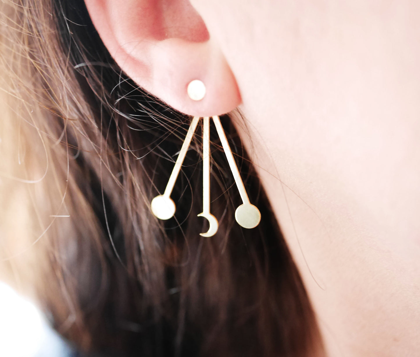 Boucles d'oreille Skye - Lune - Soleil - Galaxie - Veste d'oreille - devant-derrière - Plaqué Or