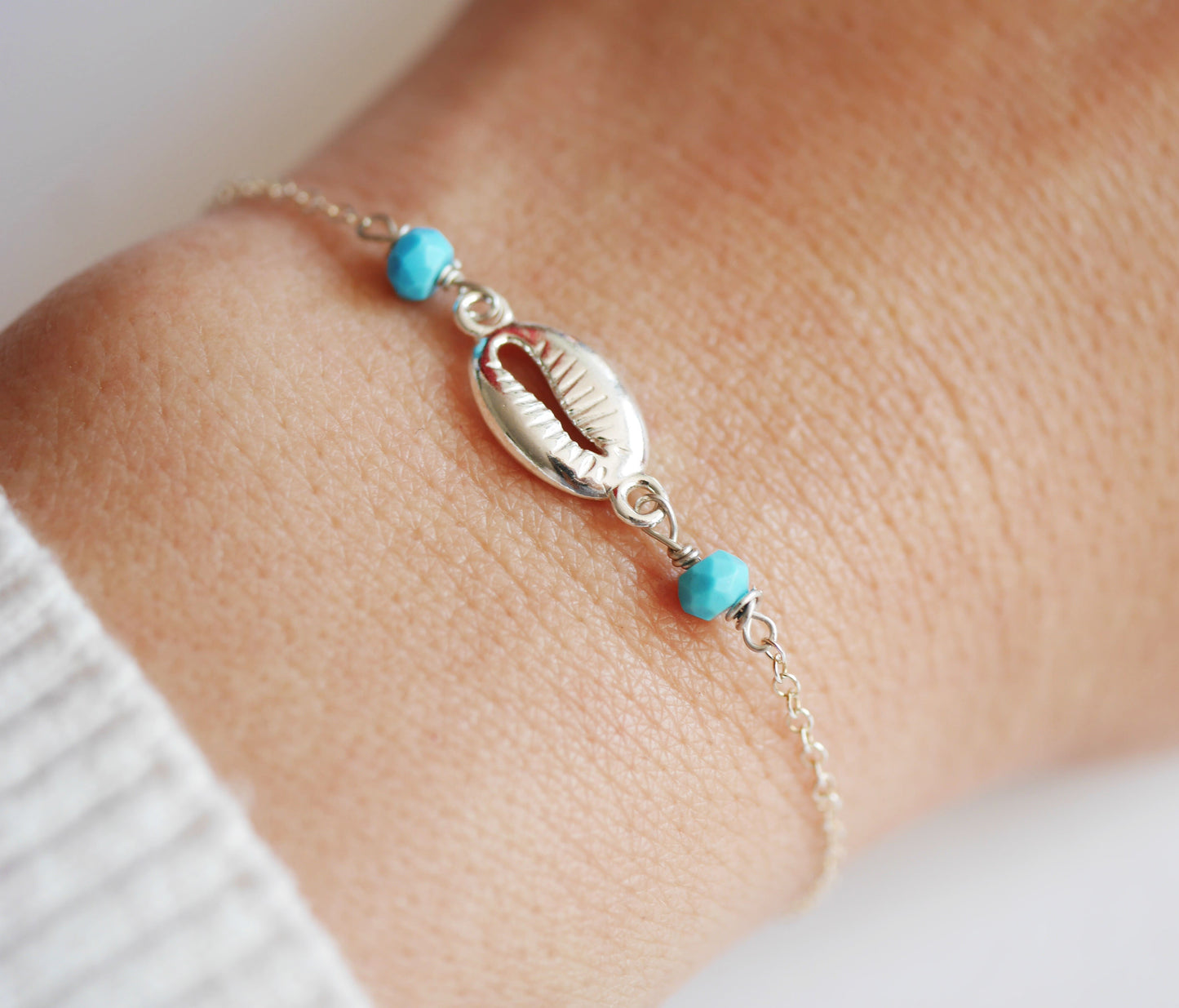 Bracelet Cowry - Coquillage - Perles turquoise - Argent 925