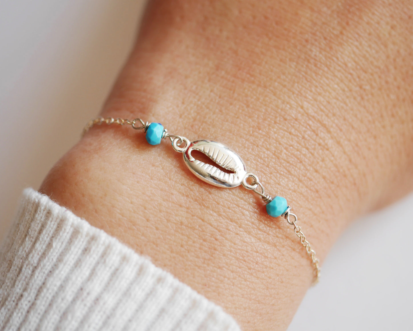 Bracelet Cowry - Coquillage - Perles turquoise - Argent 925