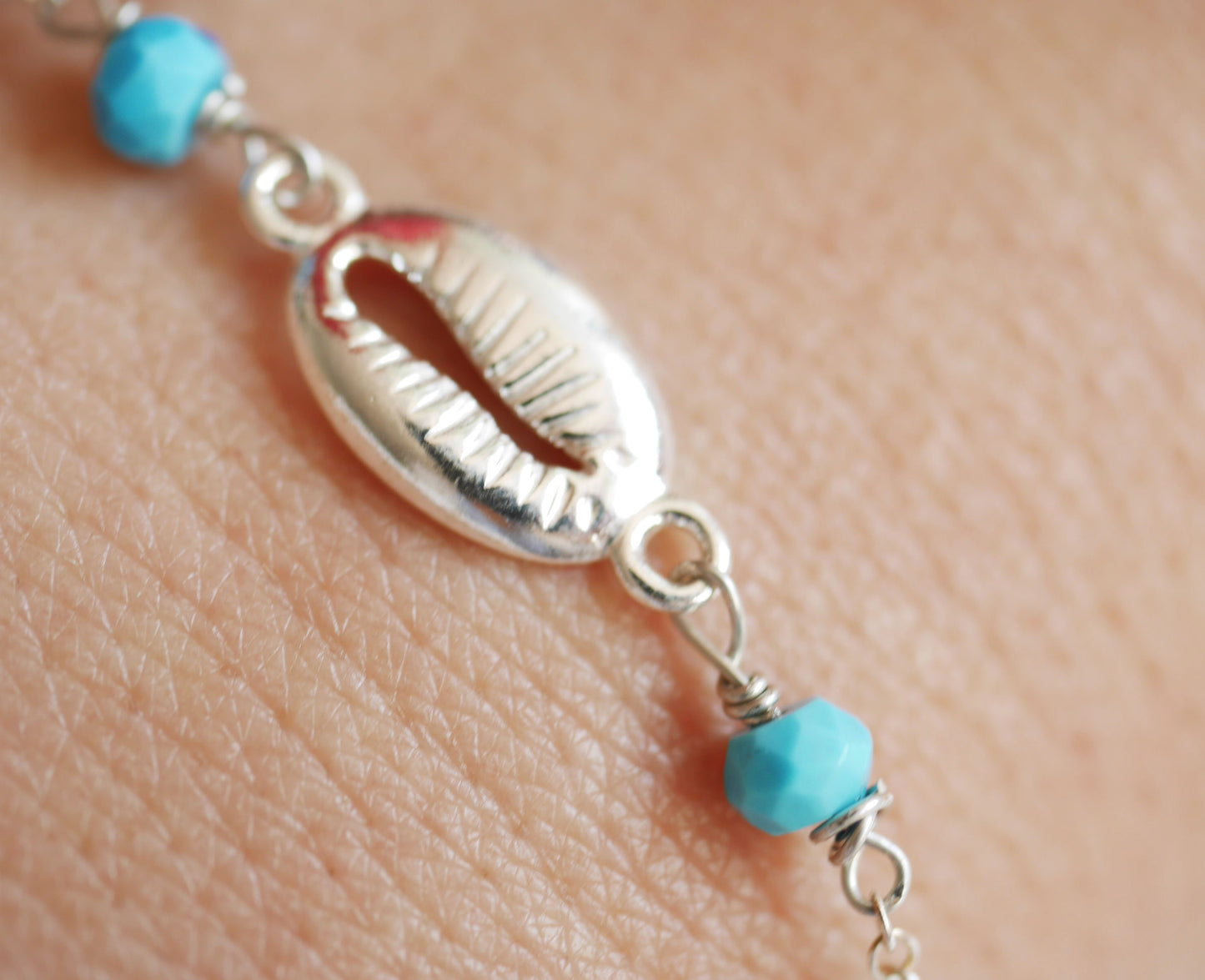 Bracelet Cowry - Coquillage - Perles turquoise - Argent 925