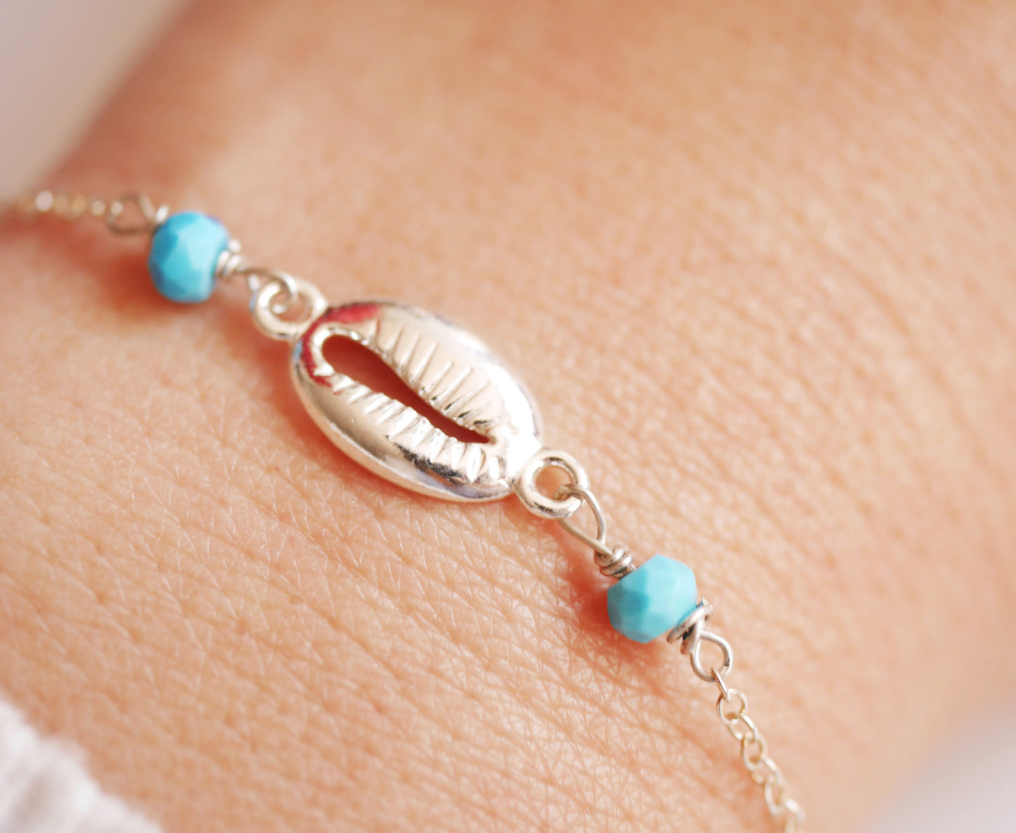 Bracelet Cowry - Coquillage - Perles turquoise - Argent 925