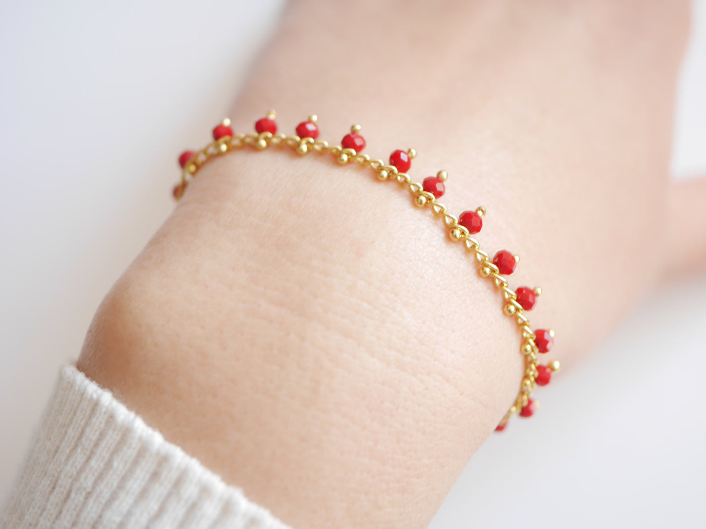 Bracelet Dahlia - Perles de verre rouge - Plaqué Or