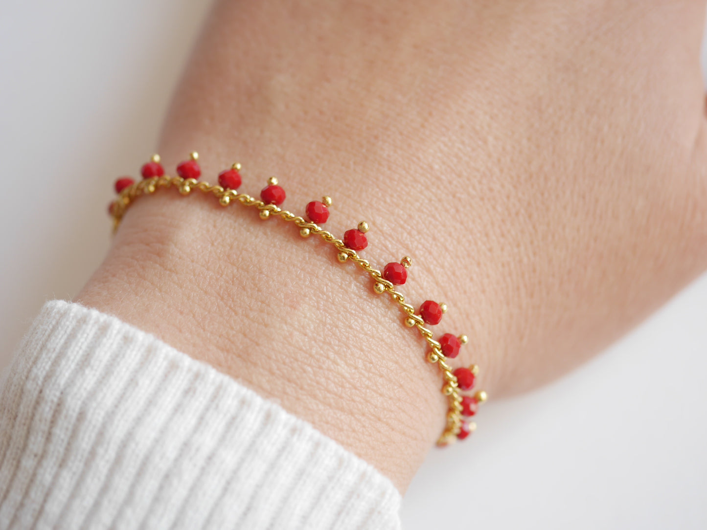 Bracelet Dahlia - Perles de verre rouge - Plaqué Or