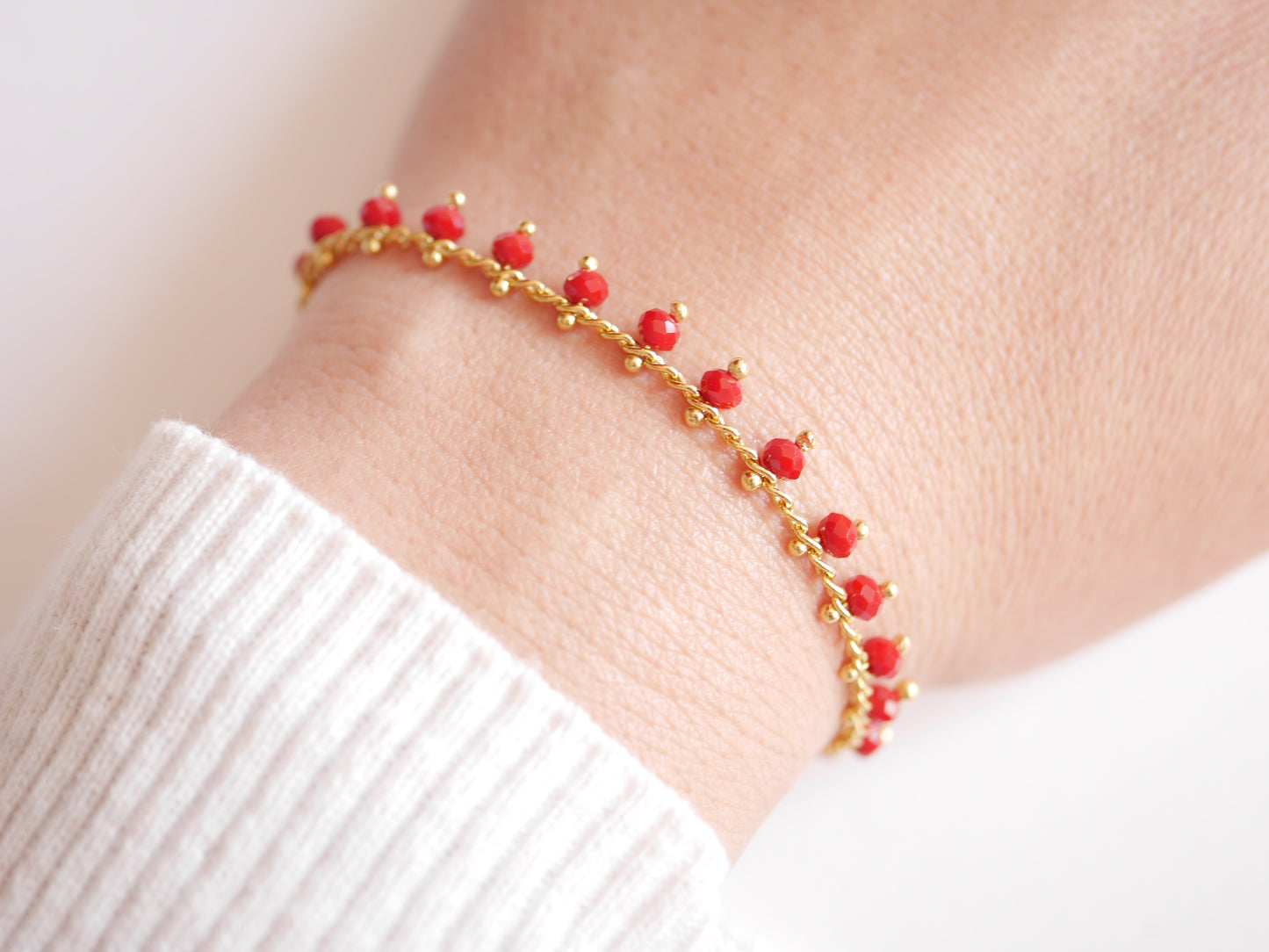 Bracelet Dahlia - Perles de verre rouge - Plaqué Or