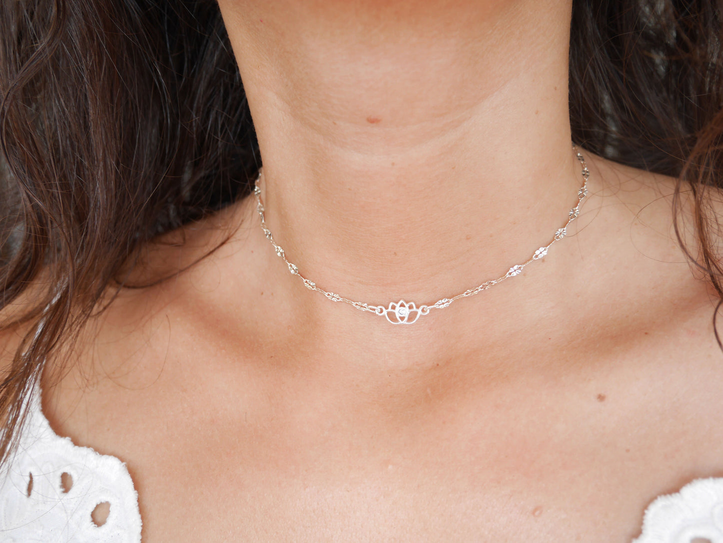 Ras du cou Diamond Lotus - Choker - Fleur de lotus avec strass - Argent 925