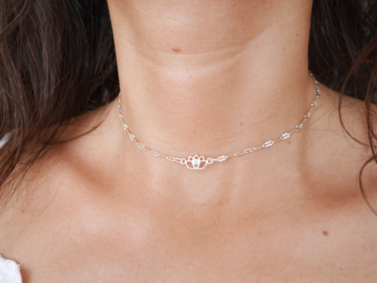 Ras du cou Diamond Lotus - Choker - Fleur de lotus avec strass - Argent 925