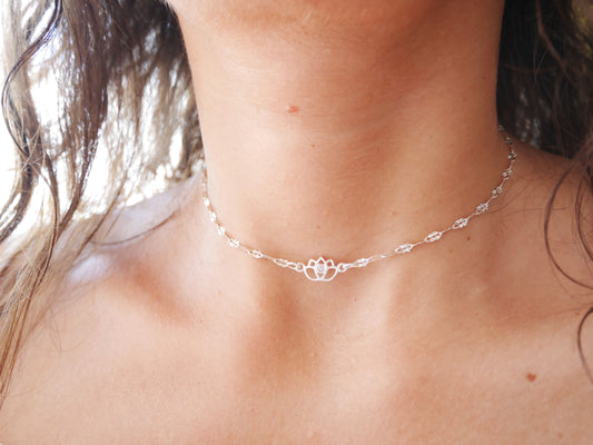 Ras du cou Diamond Lotus - Choker - Fleur de lotus avec strass - Argent 925