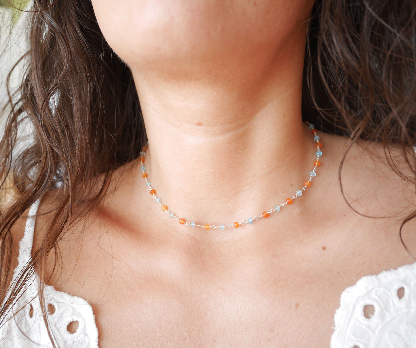 Collier ras de cou Bohémia - Choker - Perles Turquoise et corail - Chaîne rosaire - Argent 925