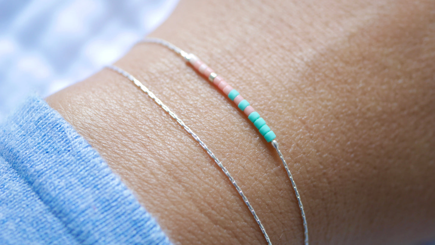 Lot de 4 Bracelets minimaliste, fin - Chaine serpent - Perles miyuki turquoise, corail, rose - Argent 925