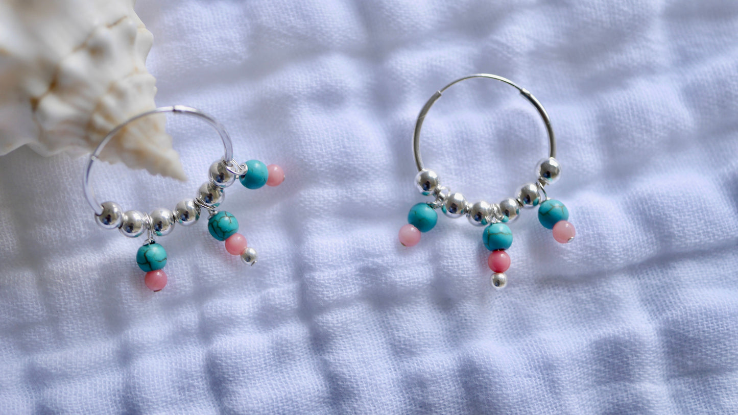 Boucles d'oreille Marlie - Créôles - Perles pierre Turquoise - Perles Corail - Argent 925