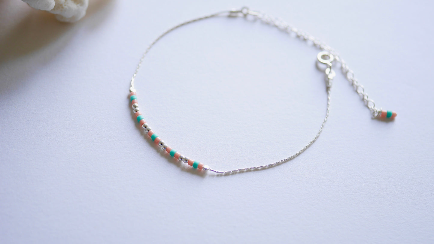 Lot de 4 Bracelets minimaliste, fin - Chaine serpent - Perles miyuki turquoise, corail, rose - Argent 925