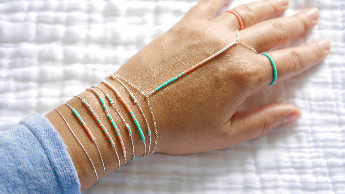 Lot de 6 Bracelets + 1 bijoux de main + 2 bagues - Chaine serpent - perles miyuki turquoise, corail, rose - Argent 925