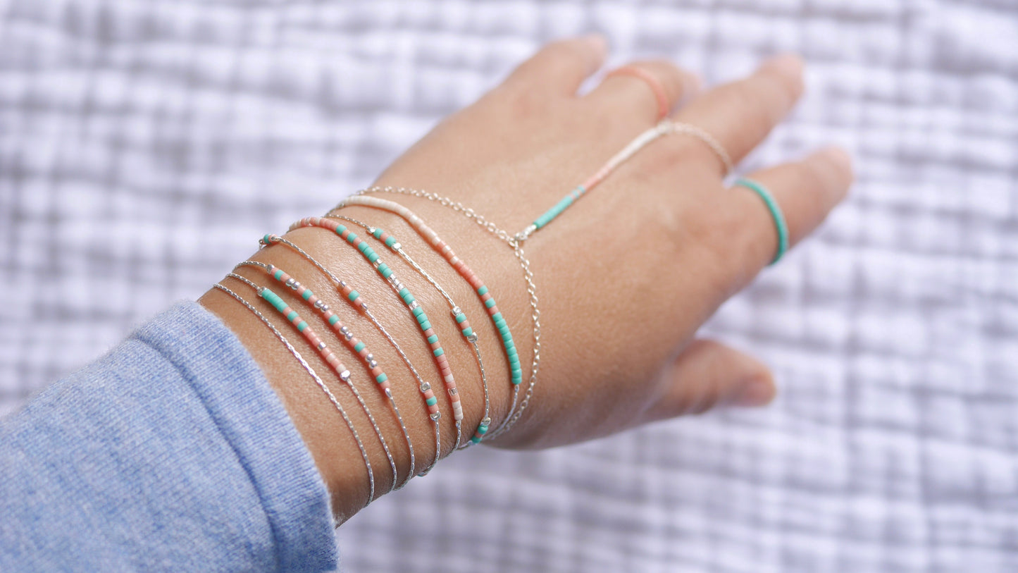 Lot de 6 Bracelets + 1 bijoux de main + 2 bagues - Chaine serpent - perles miyuki turquoise, corail, rose - Argent 925