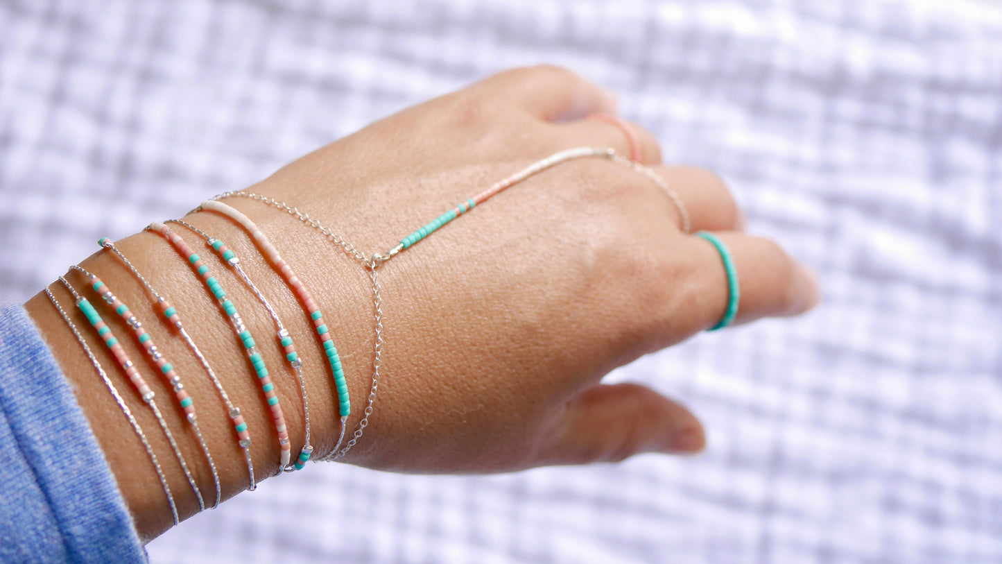 Lot de 6 Bracelets + 1 bijoux de main + 2 bagues - Chaine serpent - perles miyuki turquoise, corail, rose - Argent 925