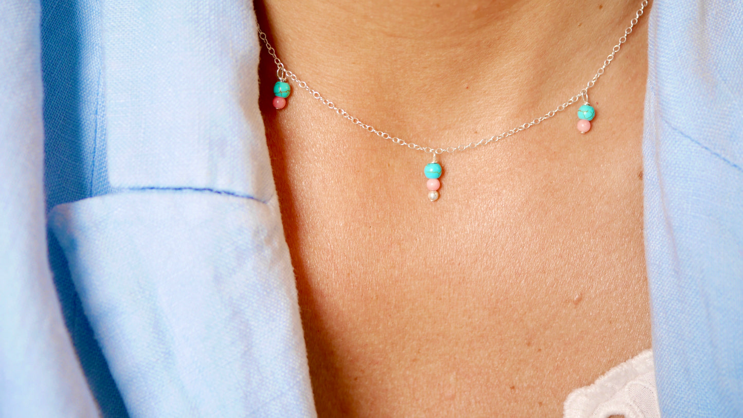 Collier Satna - Pierre Turquoise - Perles Corail - Pendant - Argent 925