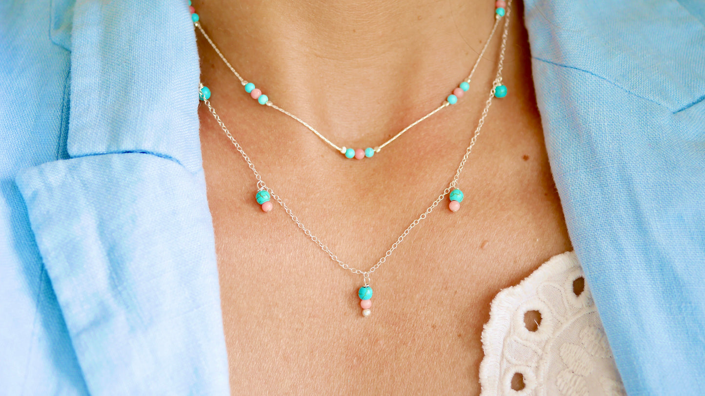 Collier Satna - Pierre Turquoise - Perles Corail - Pendant - Argent 925