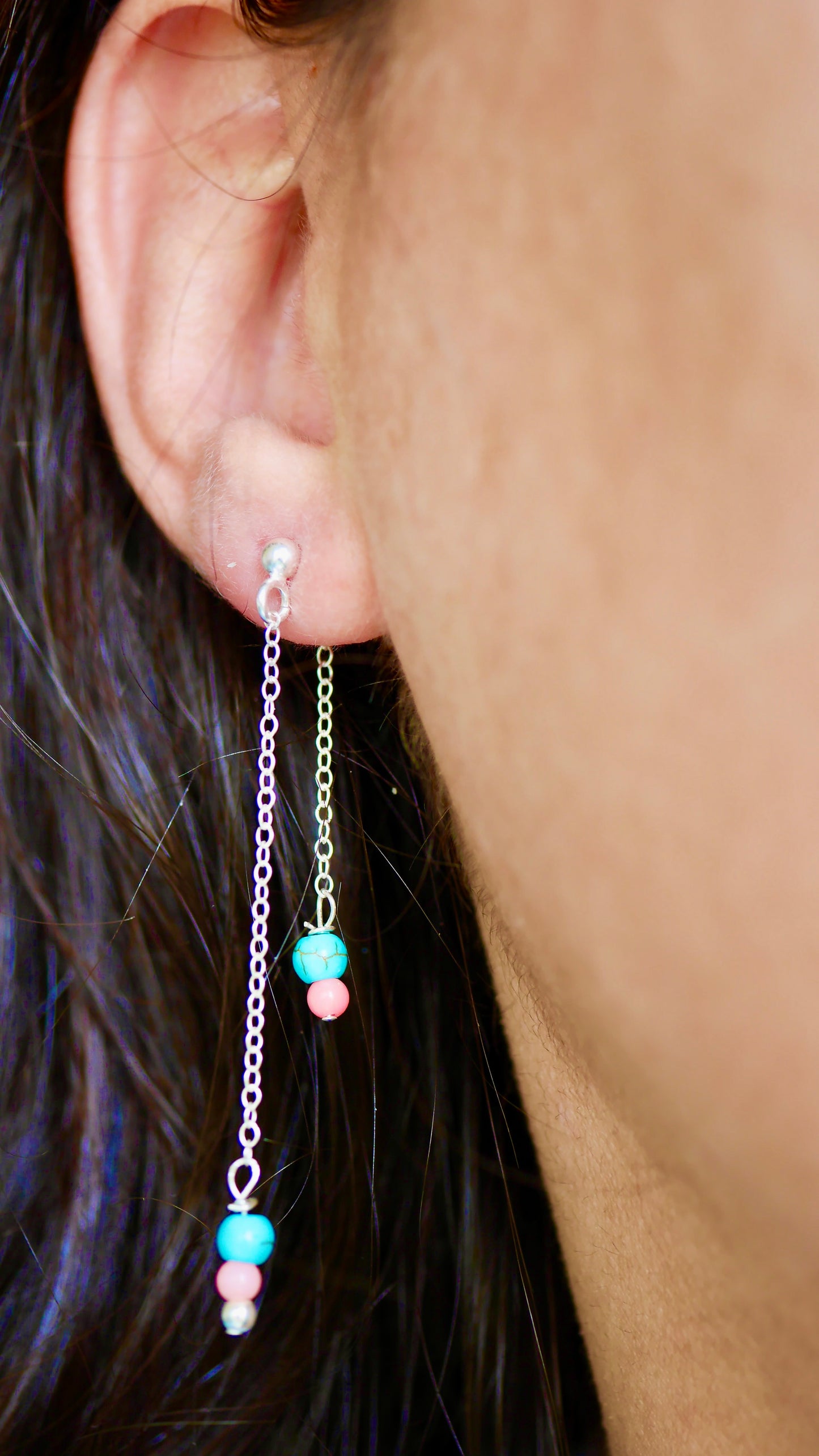 Boucles d'oreille Satna - Pierre Turquoise - Perles Corail - Pendant Devant-derrière - Argent 925