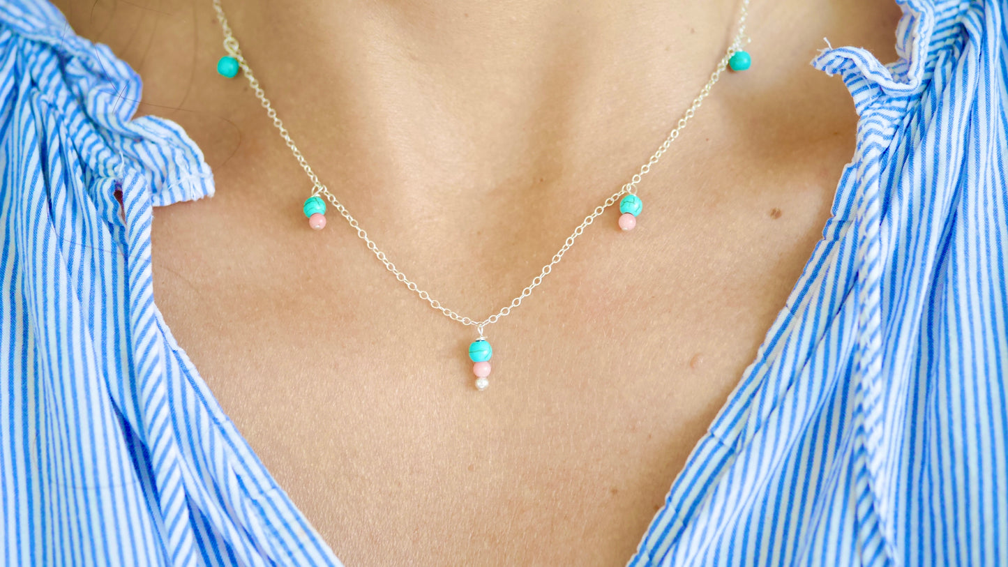 Collier Satna - Pierre Turquoise - Perles Corail - Pendant - Argent 925