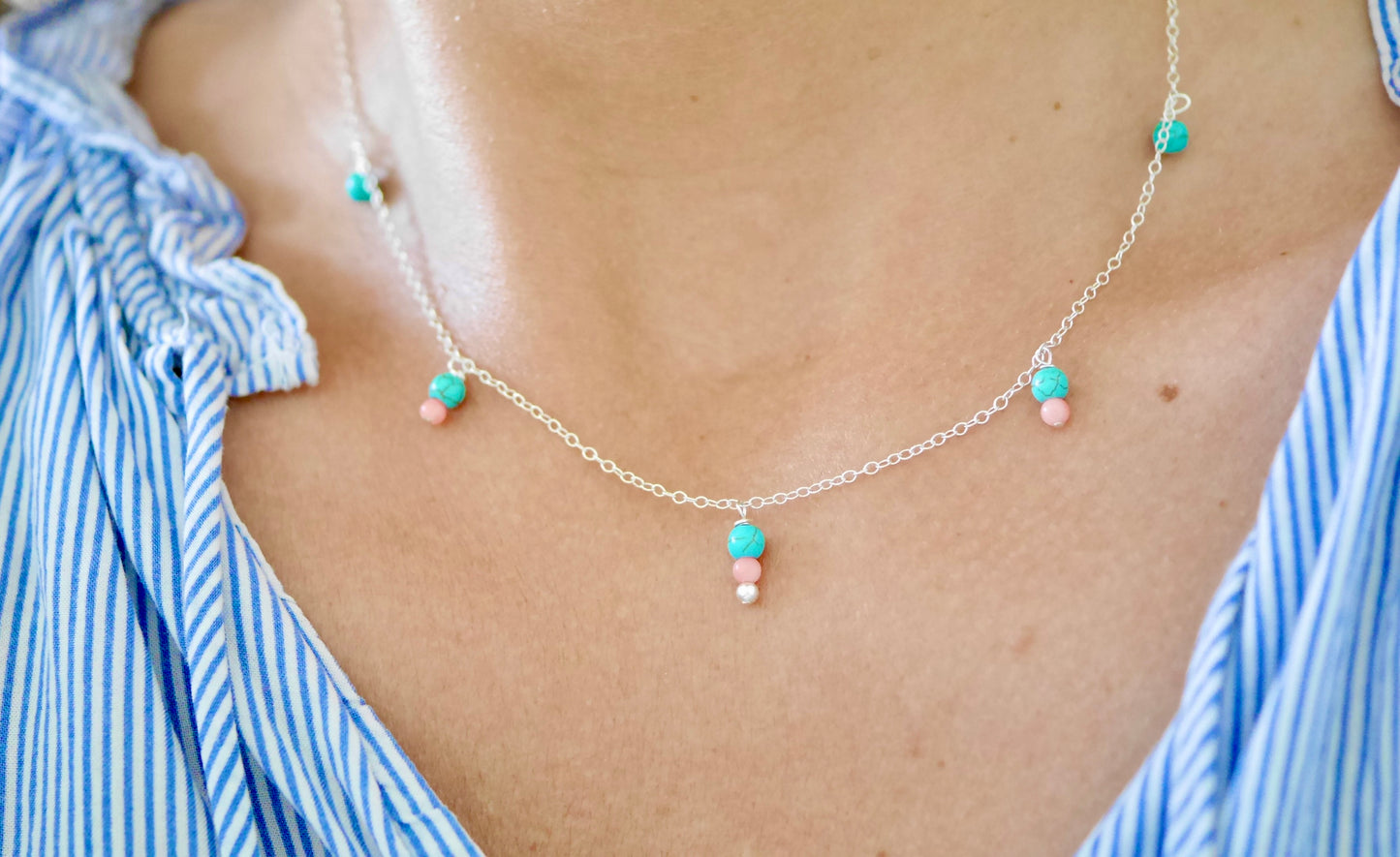 Collier Satna - Pierre Turquoise - Perles Corail - Pendant - Argent 925