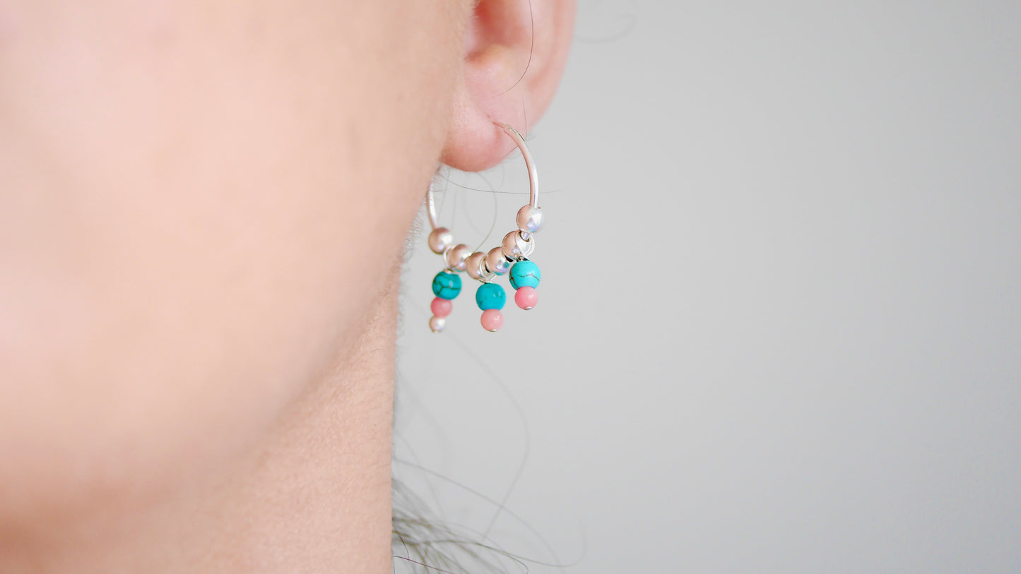 Boucles d'oreille Marlie - Créôles - Perles pierre Turquoise - Perles Corail - Argent 925