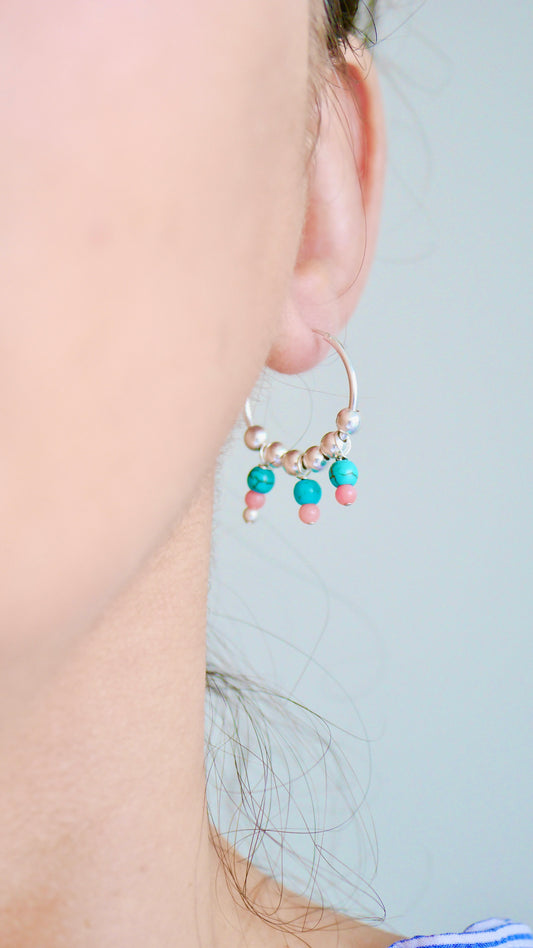 Boucles d'oreille Marlie - Créôles - Perles pierre Turquoise - Perles Corail - Argent 925