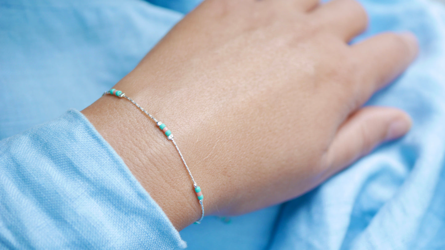 Bracelet Haryana - Chaine serpent - Perles Miyuki Corail et Turquoise - Argent 925