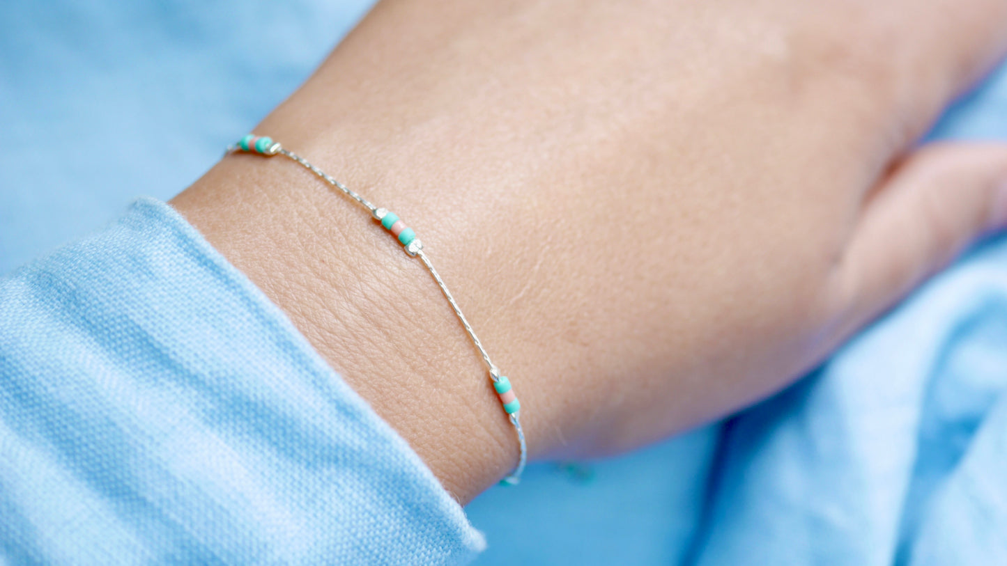 Bracelet Haryana - Chaine serpent - Perles Miyuki Corail et Turquoise - Argent 925