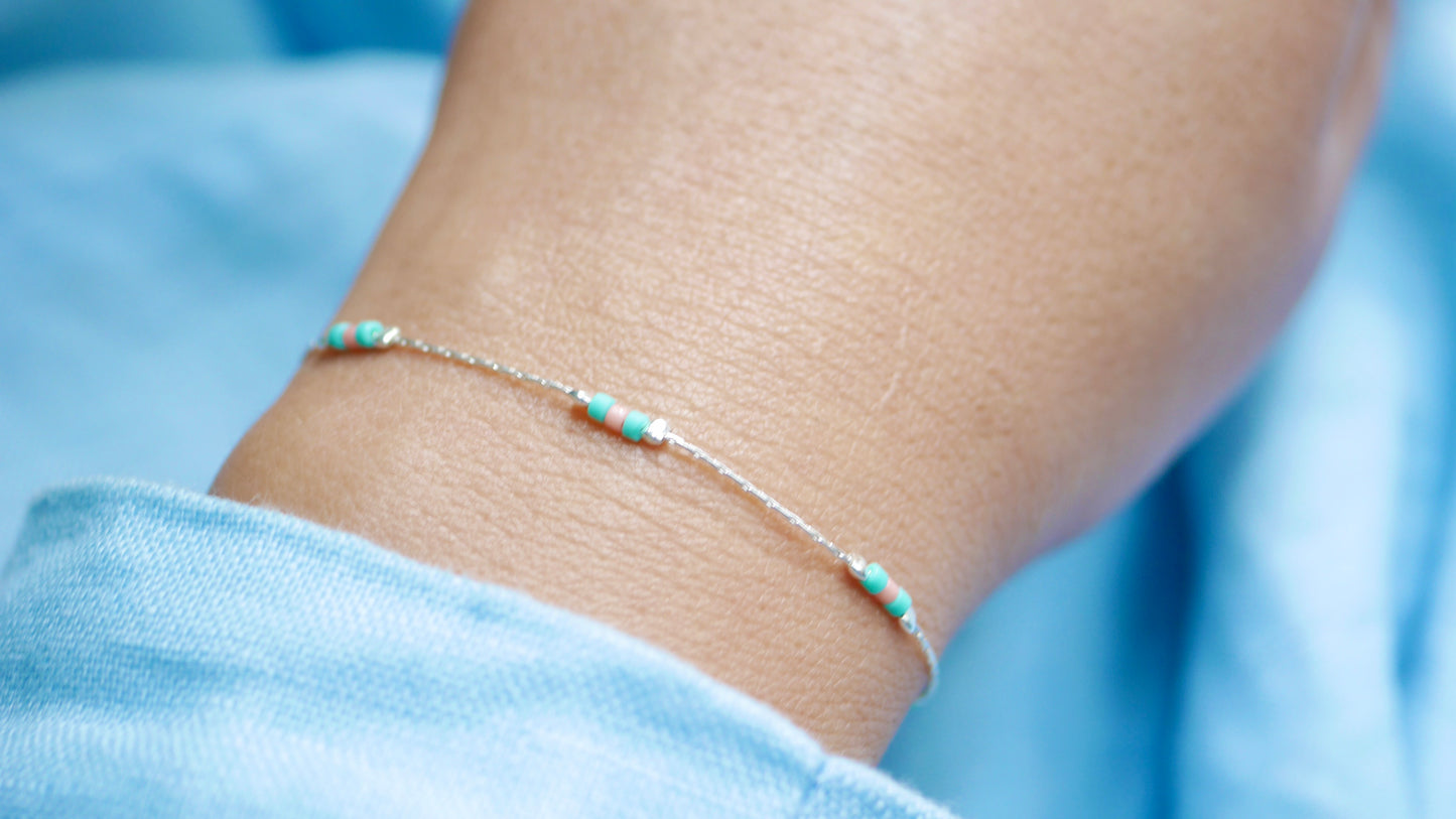 Bracelet Haryana - Chaine serpent - Perles Miyuki Corail et Turquoise - Argent 925