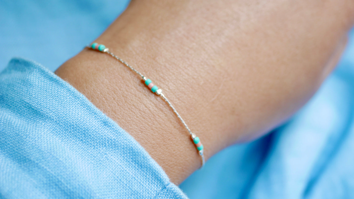 Bracelet Haryana - Chaine serpent - Perles Miyuki Corail et Turquoise - Argent 925