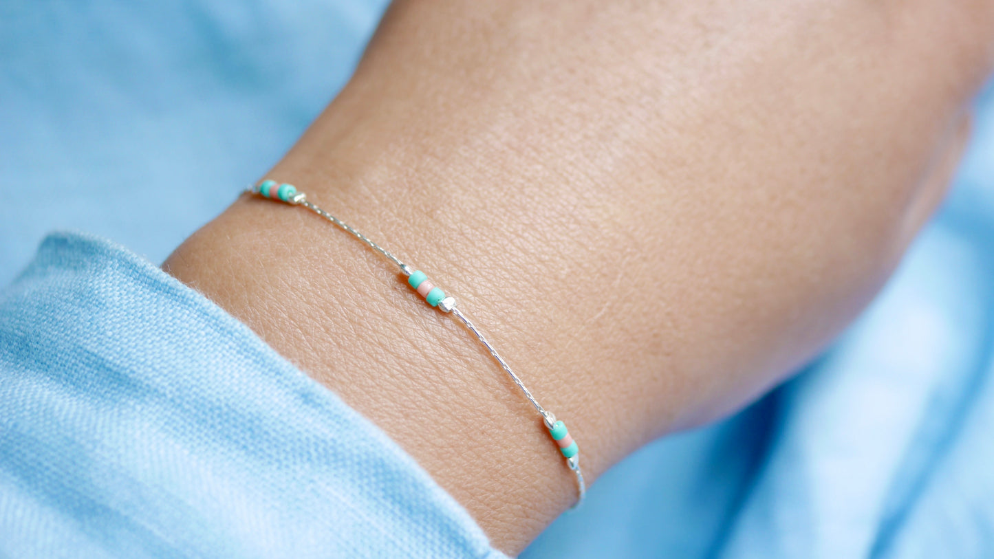 Bracelet Haryana - Chaine serpent - Perles Miyuki Corail et Turquoise - Argent 925