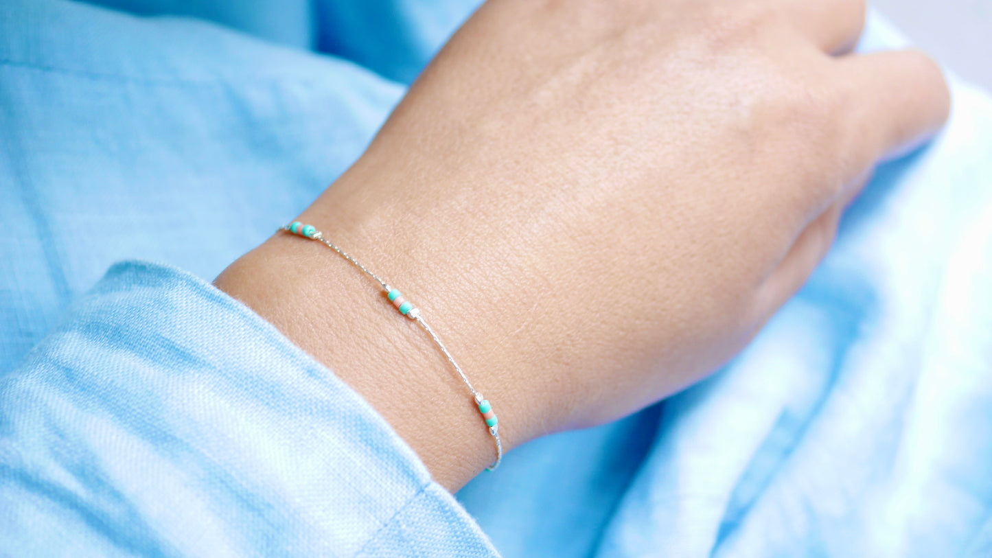 Bracelet Haryana - Chaine serpent - Perles Miyuki Corail et Turquoise - Argent 925