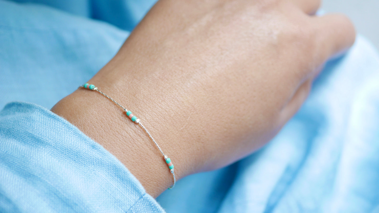 Bracelet Haryana - Chaine serpent - Perles Miyuki Corail et Turquoise - Argent 925