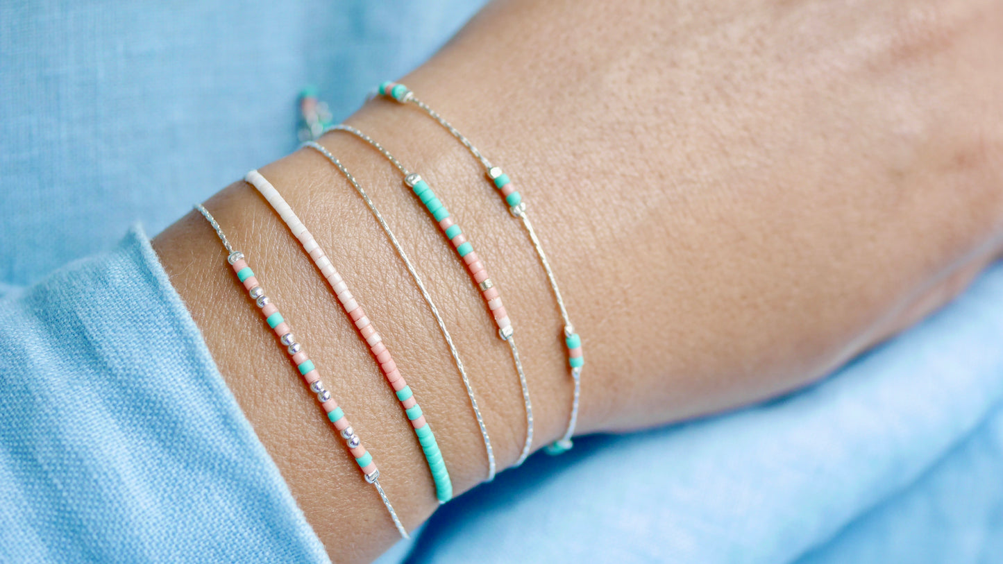 Lot de 4 Bracelets minimaliste, fin - Chaine serpent - Perles miyuki turquoise, corail, rose - Argent 925