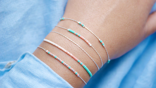 Lot de 4 Bracelets minimaliste, fin - Chaine serpent - Perles miyuki turquoise, corail, rose - Argent 925