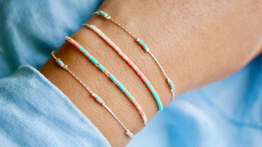 Lot de 4 Bracelets - Chaine serpent - Perles miyuki turquoise, corail, rose - empilable - Argent 925