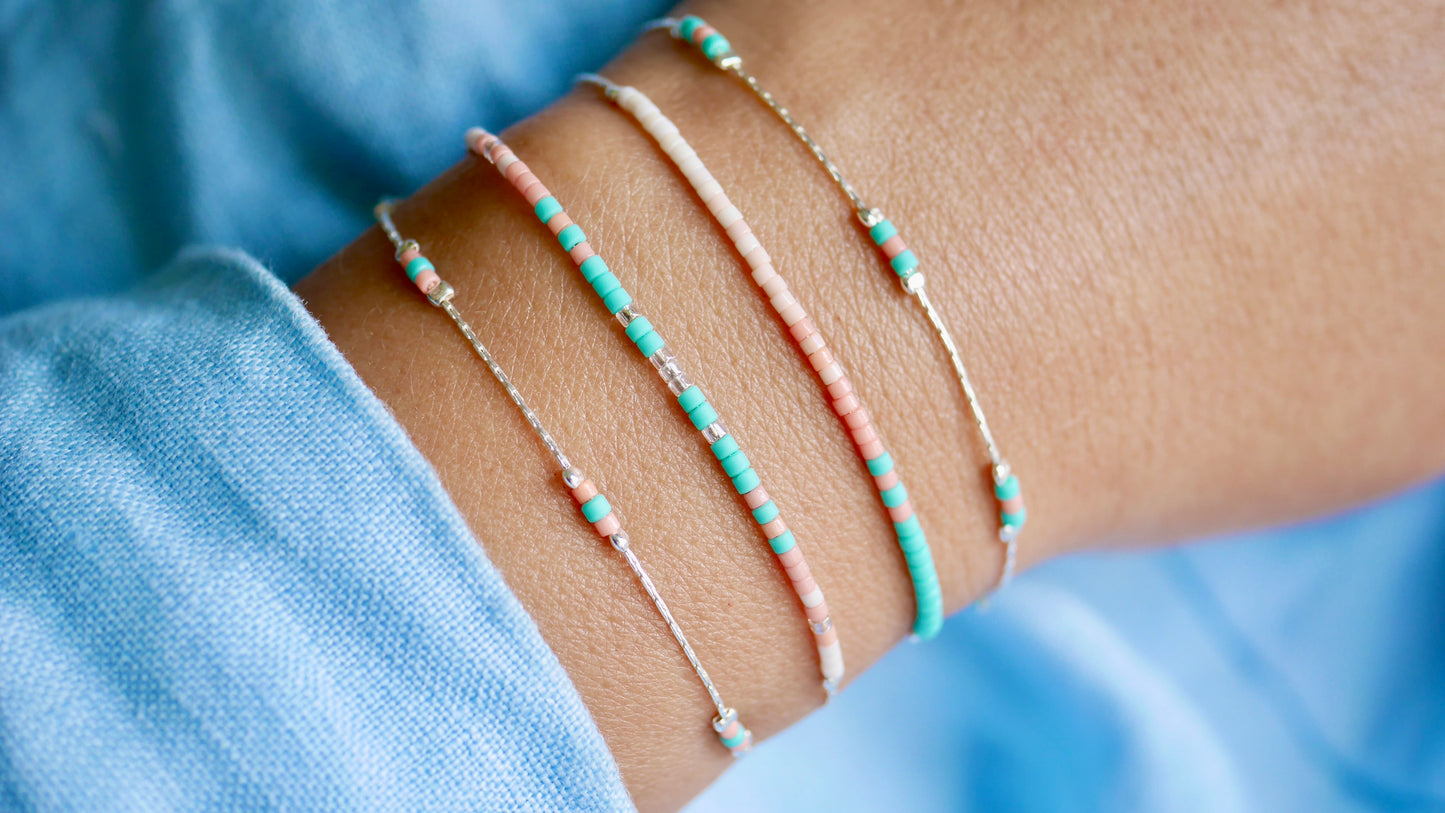 Lot de 4 Bracelets - Chaine serpent - Perles miyuki turquoise, corail, rose - empilable - Argent 925