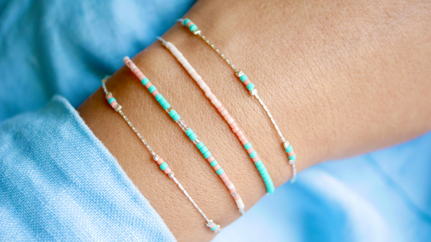 Lot de 4 Bracelets - Chaine serpent - Perles miyuki turquoise, corail, rose - empilable - Argent 925