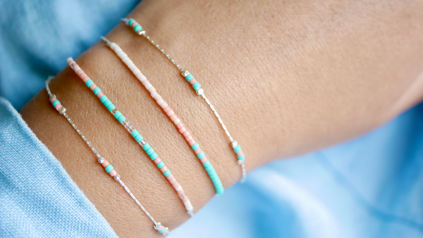 Lot de 4 Bracelets - Chaine serpent - Perles miyuki turquoise, corail, rose - empilable - Argent 925